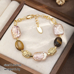 Fashion Baroque Pearl Tiger Eye Stone Copper 18K Gold Plated Bracelets for Girls Jewelry for Women Ladies Wholesale Bulk