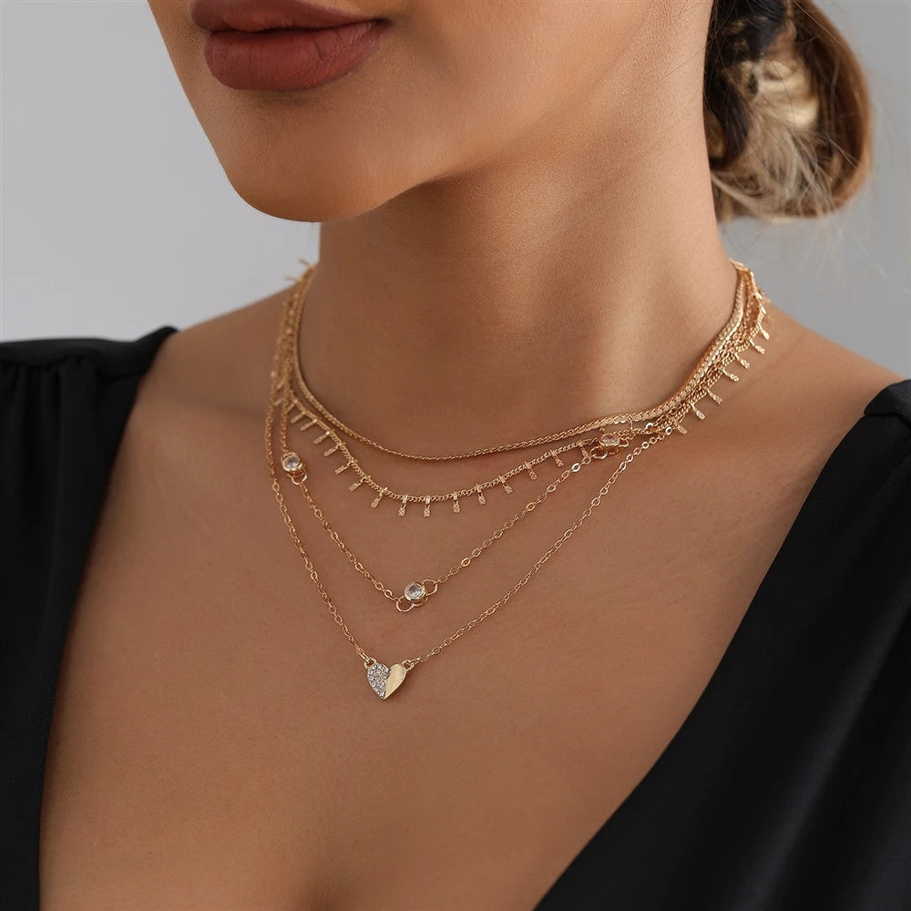 Fashion Heart Shaped Layered Wearing Necklaces for Girls Elegant Stylish Glamorous Charms Jewelry for Women Ladies Accessories