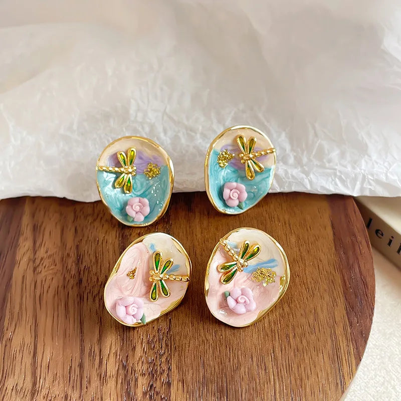 Women Elegant 18k Gold-plated S925 Silver Drip Glaze Hand-Painted Graffiti Stud Earring Low MOQ in Stock Jewelry for Female Use