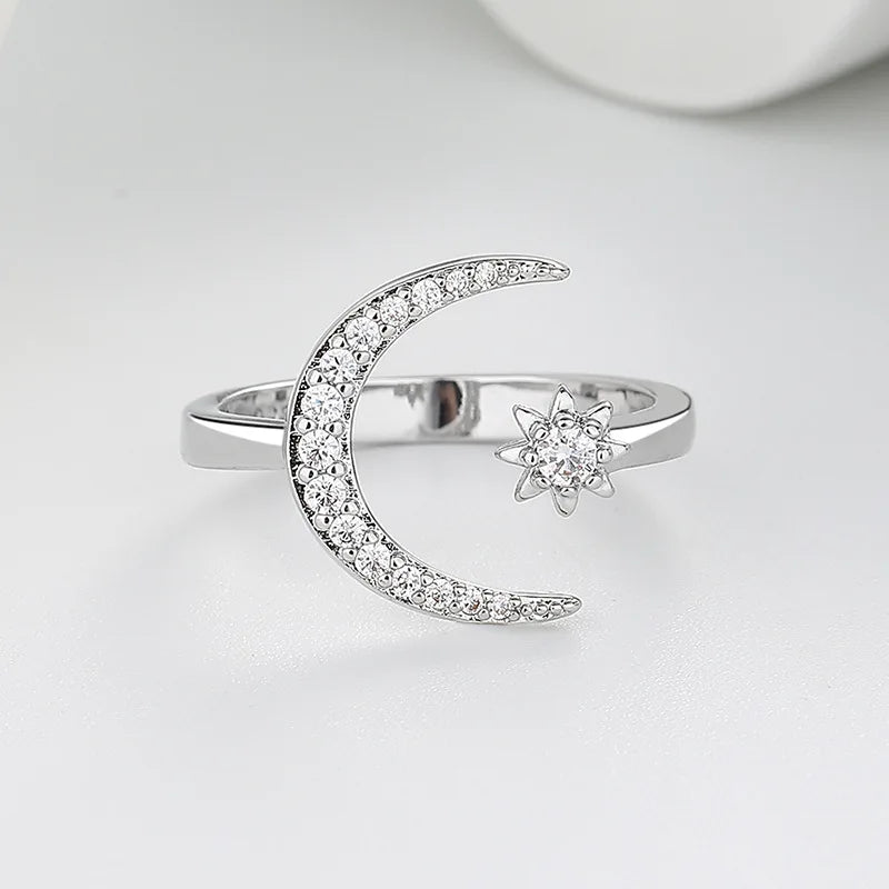 Hot Sale Elegant Dainty Moon and Star Open Rings Women Adjustable Cubic Zirconia Celestial Design Fashion Jewelry Gift Wholesale