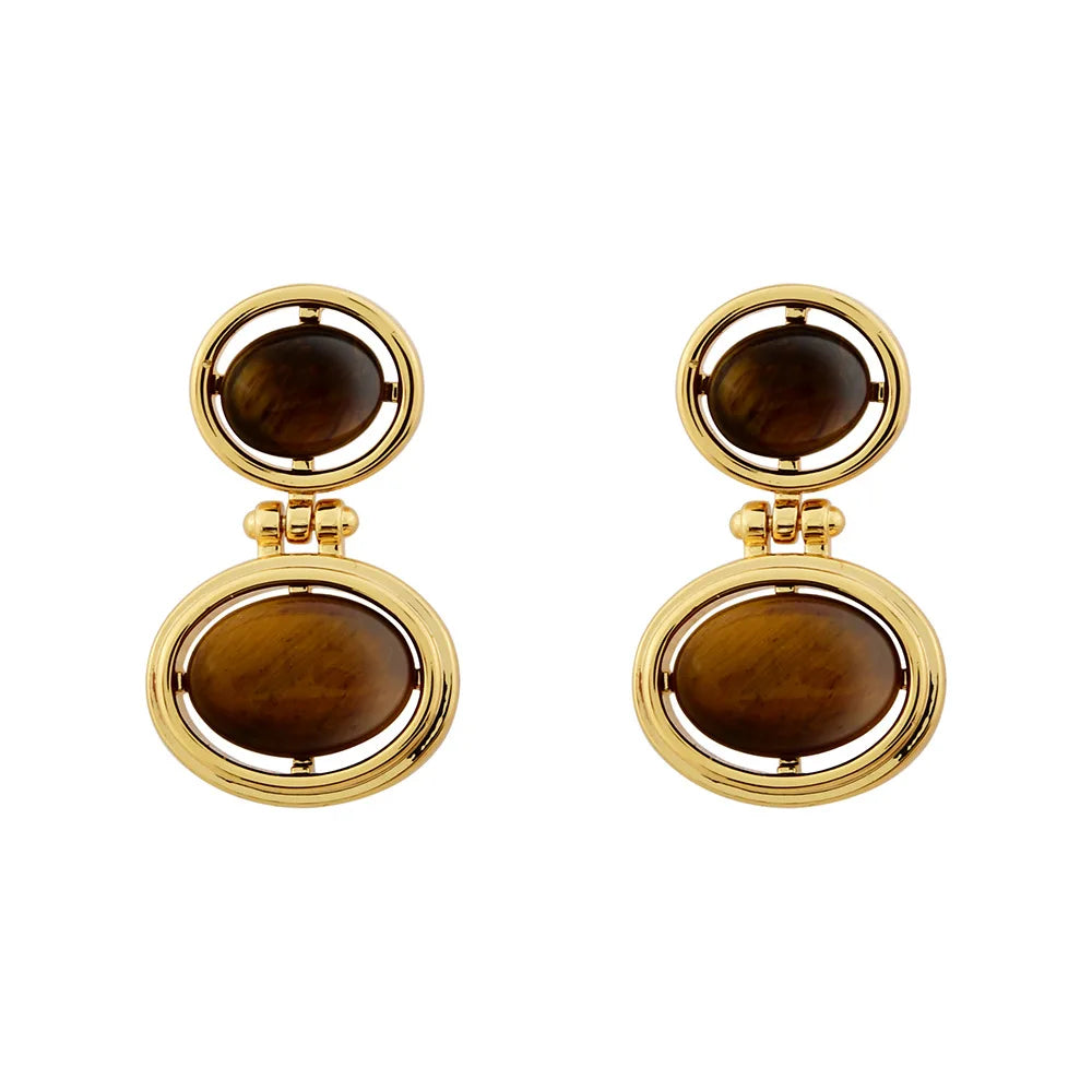 Retro Tiger Eye Stone and Faux Pearl Double Oval Drop Earrings Chic Statement Dangle Jewelry Women Ear Accessories Wholesale