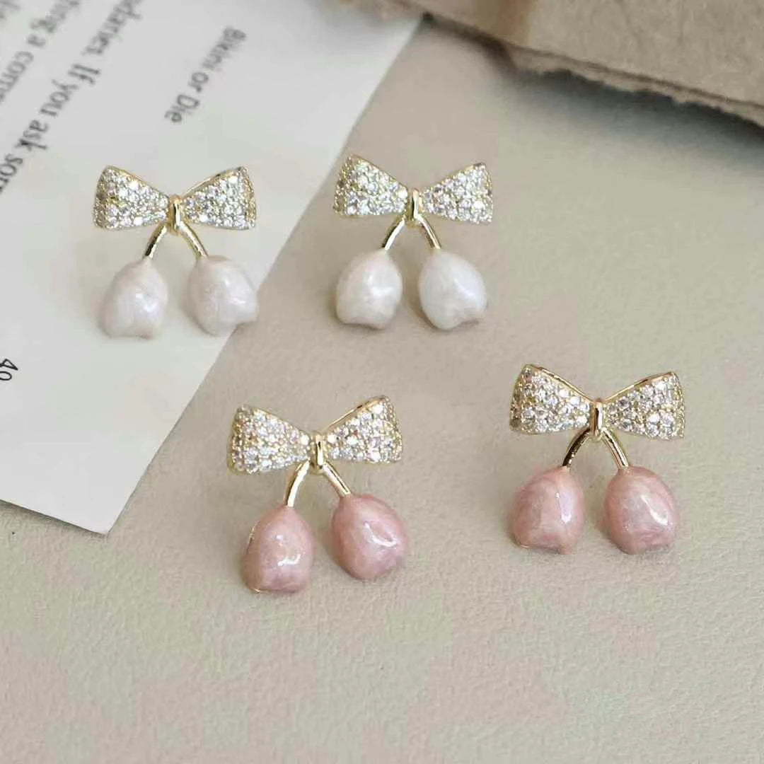 Vintage Retro Elegant Refined Drop Earrings for Girls Trendy Art Deco Bowknot Cherry Jewelry for Women Ladies Accessories Chic