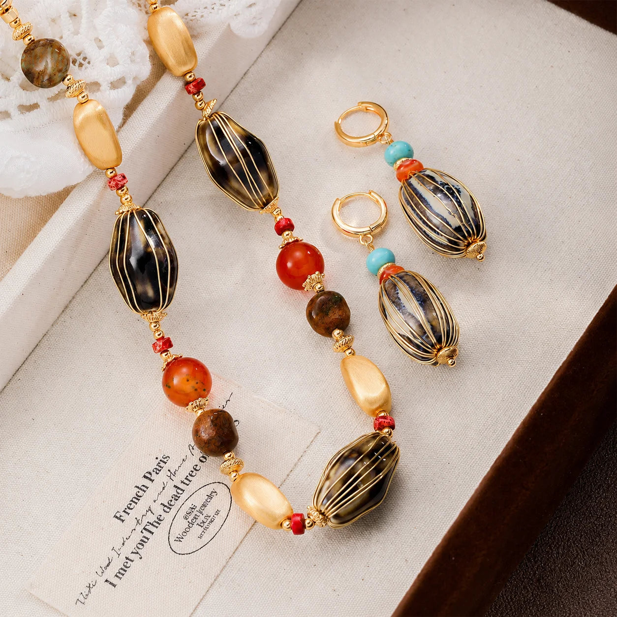 Fashion Ceramic Red Agate Turquoise Copper 18K Gold Plated Jewelry Sets for Girls Necklaces Drop Earrings for Women Ladies Bulk