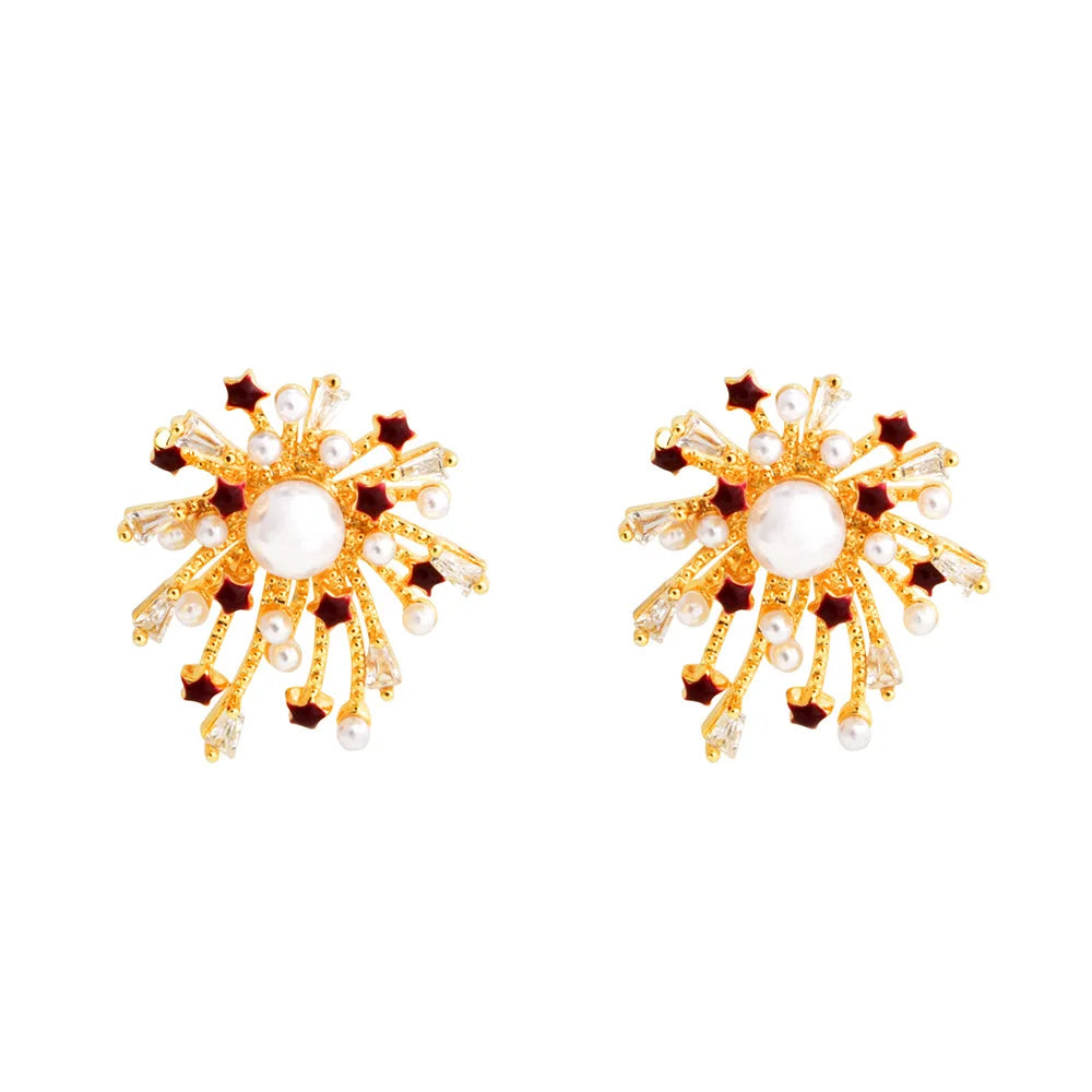 Gold Electroplated Zircon Stud Earrings Engraved Fireworks Imitation Pearl Ear Studs Fashion Exquisite Earring Jewelry for Women
