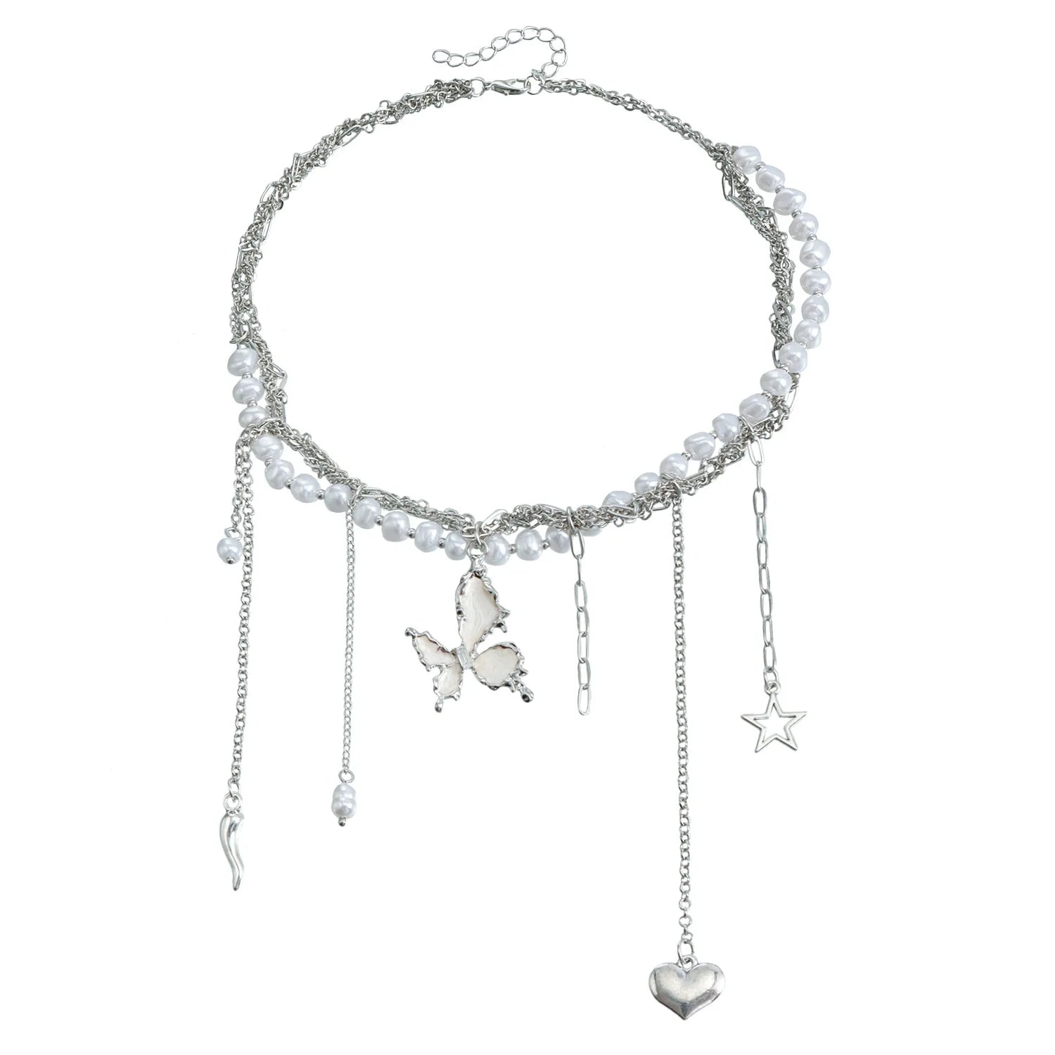 Fashion Imitation Pearl Tassel Heart Star Cross Necklaces for Girls Gothic Sweet Spicy Jewelry for Women Ladies Accessories