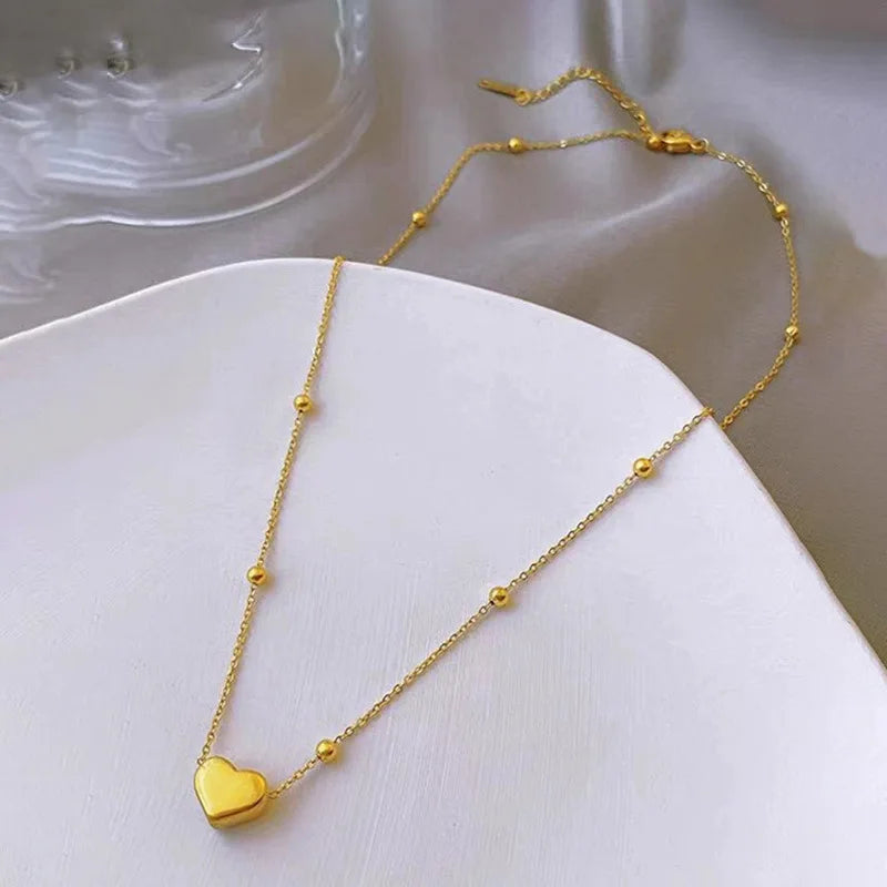 Fashion Heart Pendant Necklace Copper 18K Gold Plated Bead Chain Jewelry for Women Sweet Girl Retro Dainty Accessories Wholesale