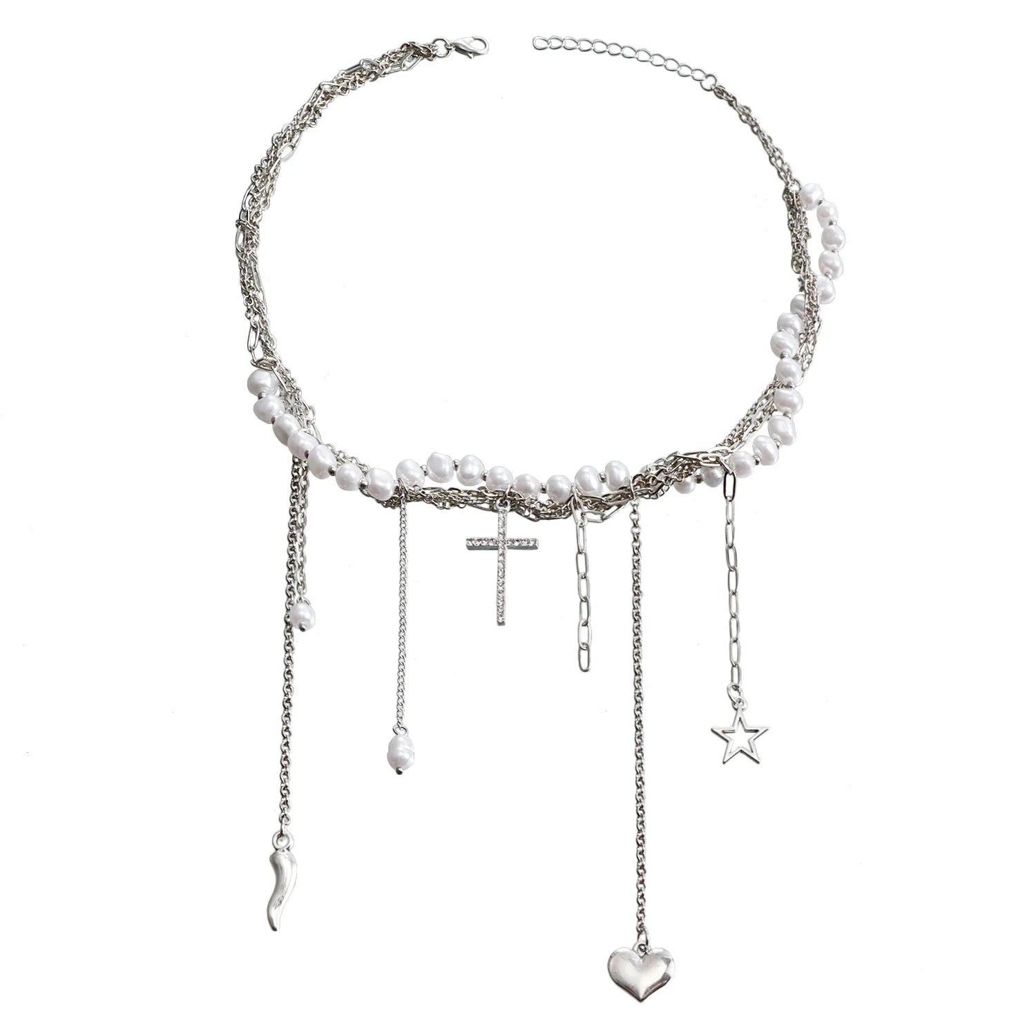 Fashion Imitation Pearl Tassel Heart Star Cross Necklaces for Girls Gothic Sweet Spicy Jewelry for Women Ladies Accessories