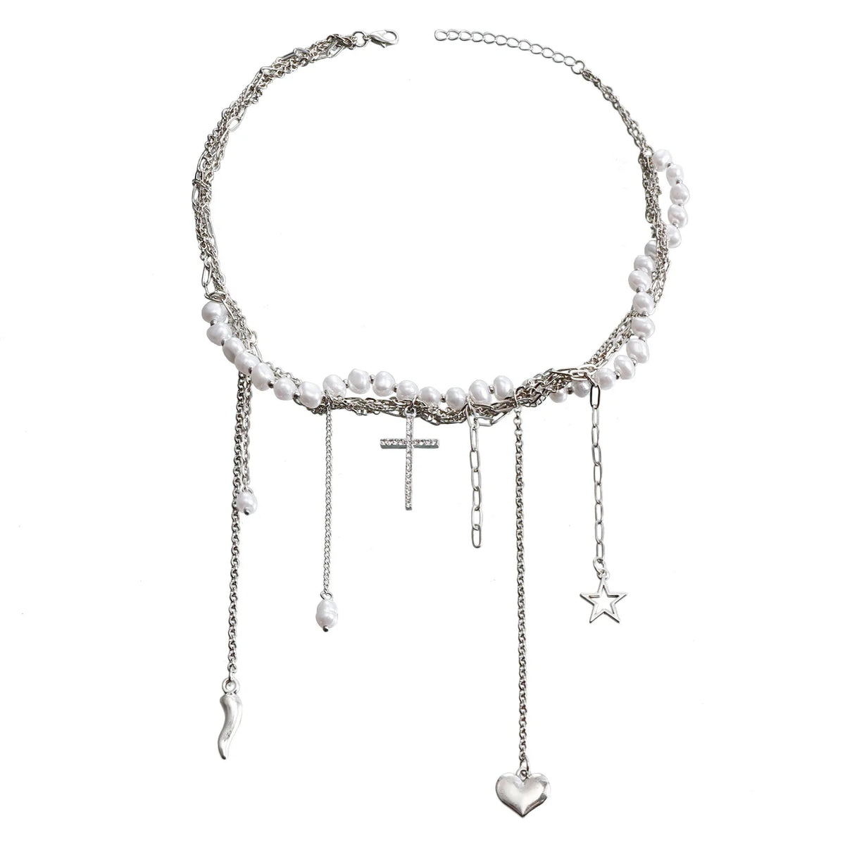 Fashion Imitation Pearl Tassel Heart Star Cross Necklaces for Girls Gothic Sweet Spicy Jewelry for Women Ladies Accessories