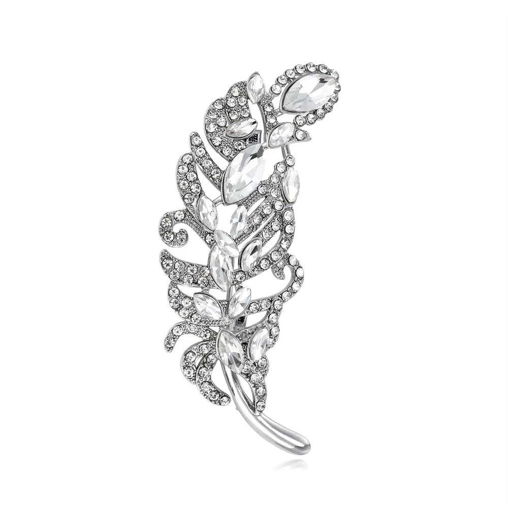 Fashion Rhinestone Glitter Sparking Feather Brooches for Girls Elegant Dainty Sweet Pins Jewelry for Women Ladies Accessories