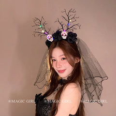 Halloween Black Branch Rose Veil Headband for Women Funny Skeleton Ghost Bride Mesh Hair Band Glow in the Dark Hair Accessories