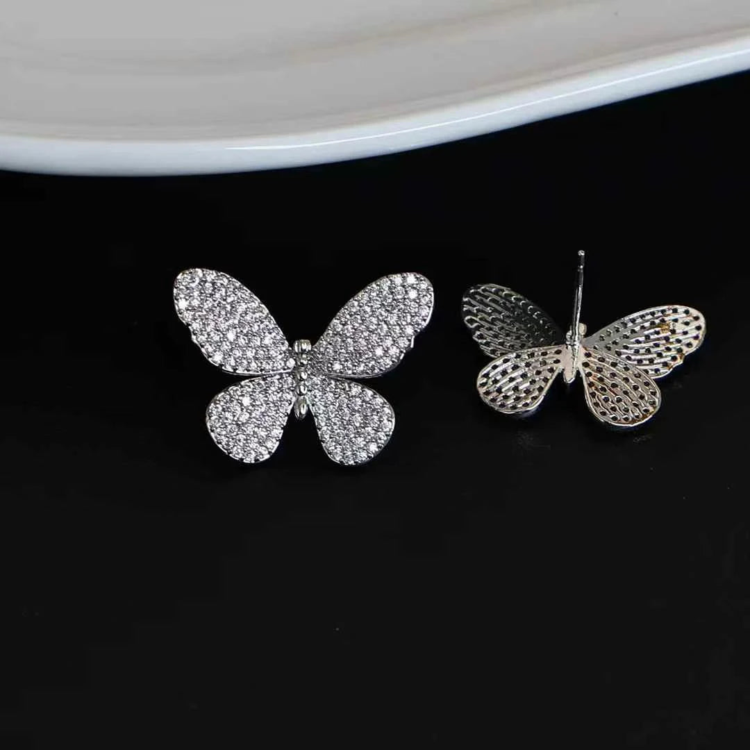 Ladies Silver Butterfly Small Rhinestone Stud Earring Sparking Fashion Chic Simple Elegant Bulk Jewelry Accessories for Causal