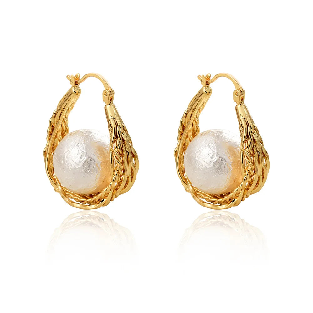 Niche Designer Earring Woven Hemp Pattern Luxury High-end Beads Imitation Pearl Earrings Cold Style Hollow Women's  Earring New