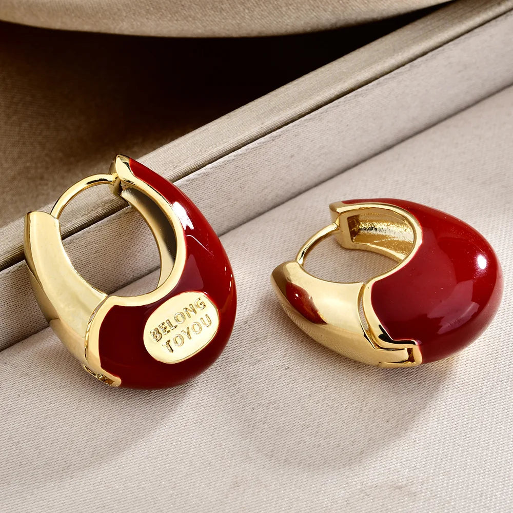 French Retro Women's Earrings Fashionable Red Enamel Oil Drip Elegant Ear Buckle Light Luxury High-end Hoop Earrings Accessories