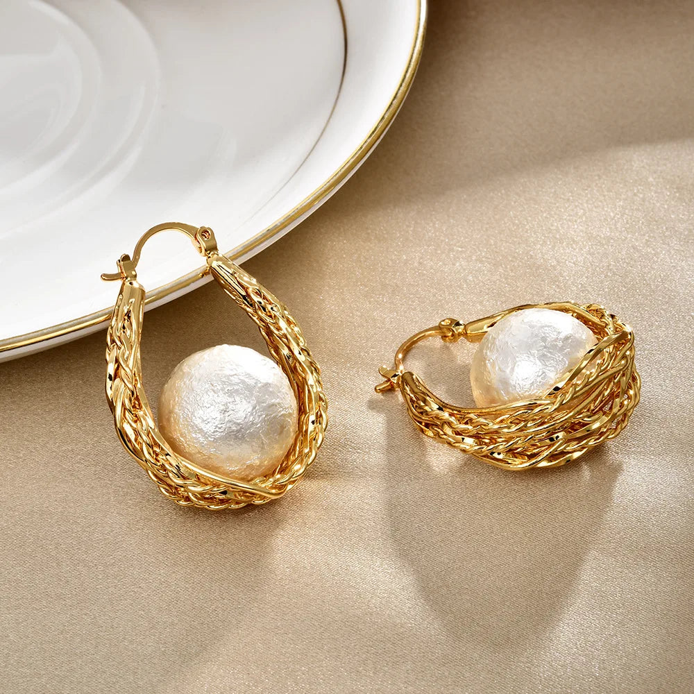 Niche Designer Earring Woven Hemp Pattern Luxury High-end Beads Imitation Pearl Earrings Cold Style Hollow Women's  Earring New