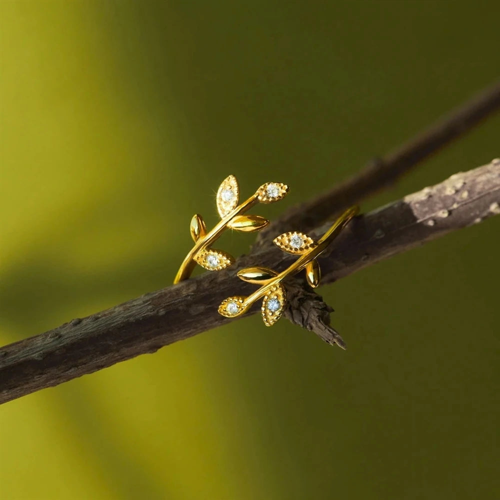 Fashionable Leaf Cross Rings for Women Zircon-encrusted Simple Leaf Open Rings Europe and America Trendy Accessories Wholesale