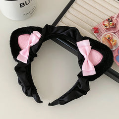 Hot Sale Cat Ear Pink Bowknot Large Black Downy Headbands Sweet Cute Wig Bands Wholesale in Stock Hairbands for Women Accessory