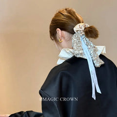 European Trendy Vintage Women's Hair Scrunchy Glitter Bows Hair Ribbon with High Elastic Elegant Daily Use Hair Accessory
