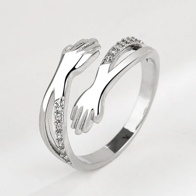 Hot Sale Love Embrace Couple Rings Romantic Fashionable Open Rings with Zircon Korean Style Simple Jewelry Accessories Wholesale