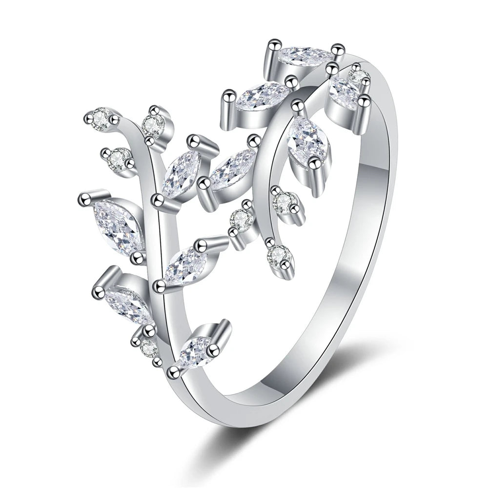Simple Zircon-encrusted Leaf Branch Rings Women's Fashionable Trendy Opening Index Finger Ring Accessories Wholesale Hot Mujer