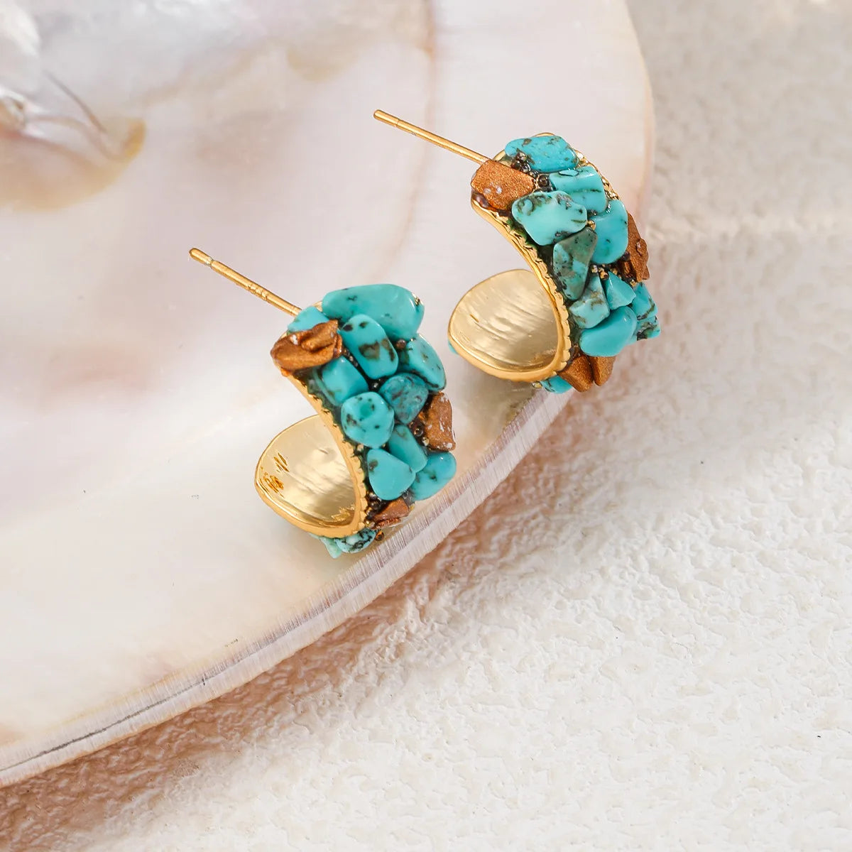 Women Green Small Blue Turquoise 18k Gold-plated S925 Silver Hoop Earring Vintage Trendy Factory Price Jewelry for Causal Daily