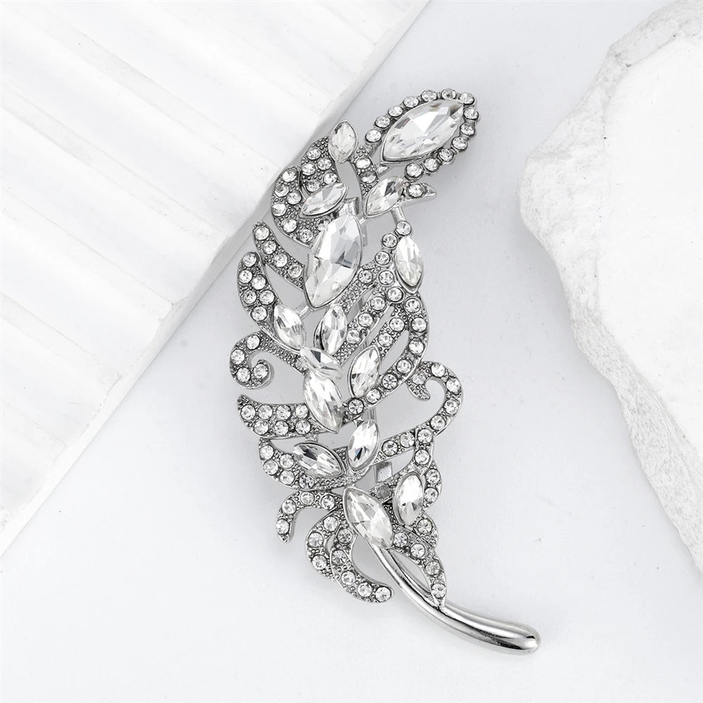 Fashion Rhinestone Glitter Sparking Feather Brooches for Girls Elegant Dainty Sweet Pins Jewelry for Women Ladies Accessories