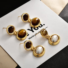 Retro Tiger Eye Stone and Faux Pearl Double Oval Drop Earrings Chic Statement Dangle Jewelry Women Ear Accessories Wholesale