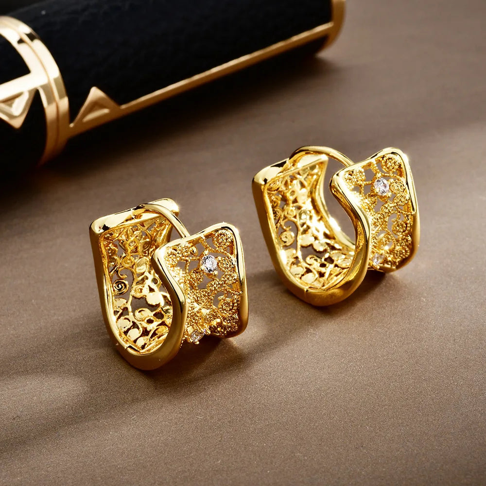 European and American Style Ear Buckle Copper Gold-plated Hollowed-out Zircon Hoop Earrings Light Luxury Retro Design Earrings