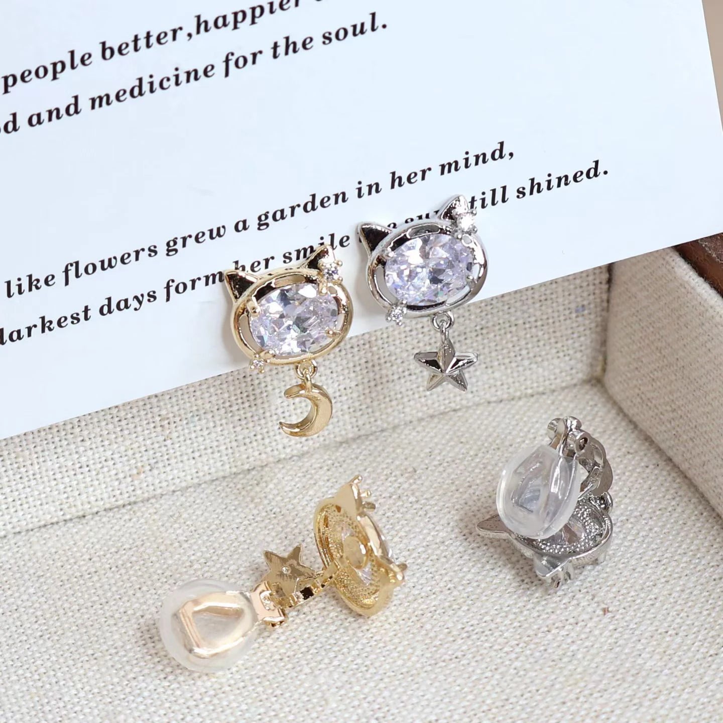 Girly Aesthetic Cat Fish Animals Element Rhinestone Small Clip-on Earring Fashion Sparking Glitter Cute Wholesale Daily Jewelry