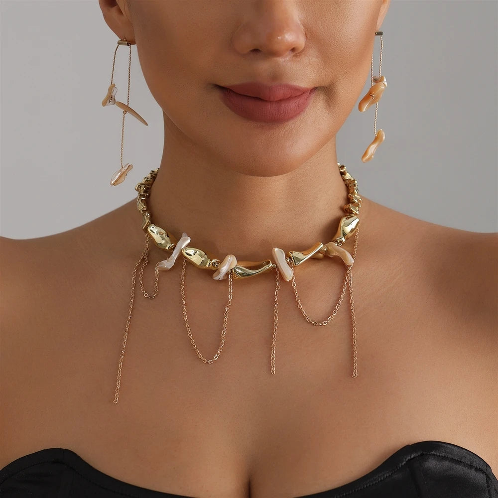 Fashion Trendy Bold Dainty Tassel Necklaces for Girls Glamorous Insta Earrings JewelrySuits Sets for Women Ladies Accessories