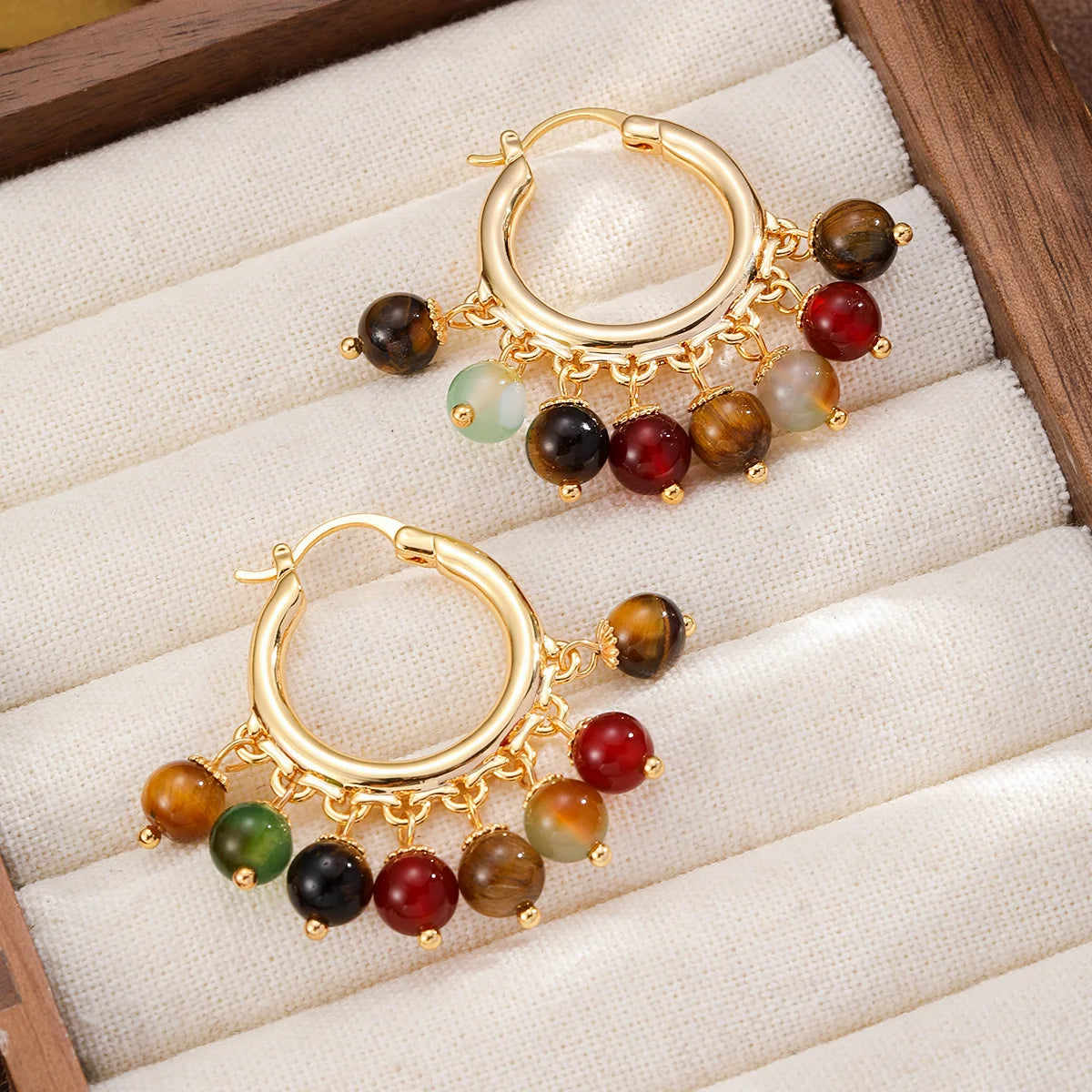 Fashion Natural Stone Copper 18K Gold Plated Beads Hoop Earrings for Girls Boho Vintage Jewelry for Women Ladies Wholesale Bulk