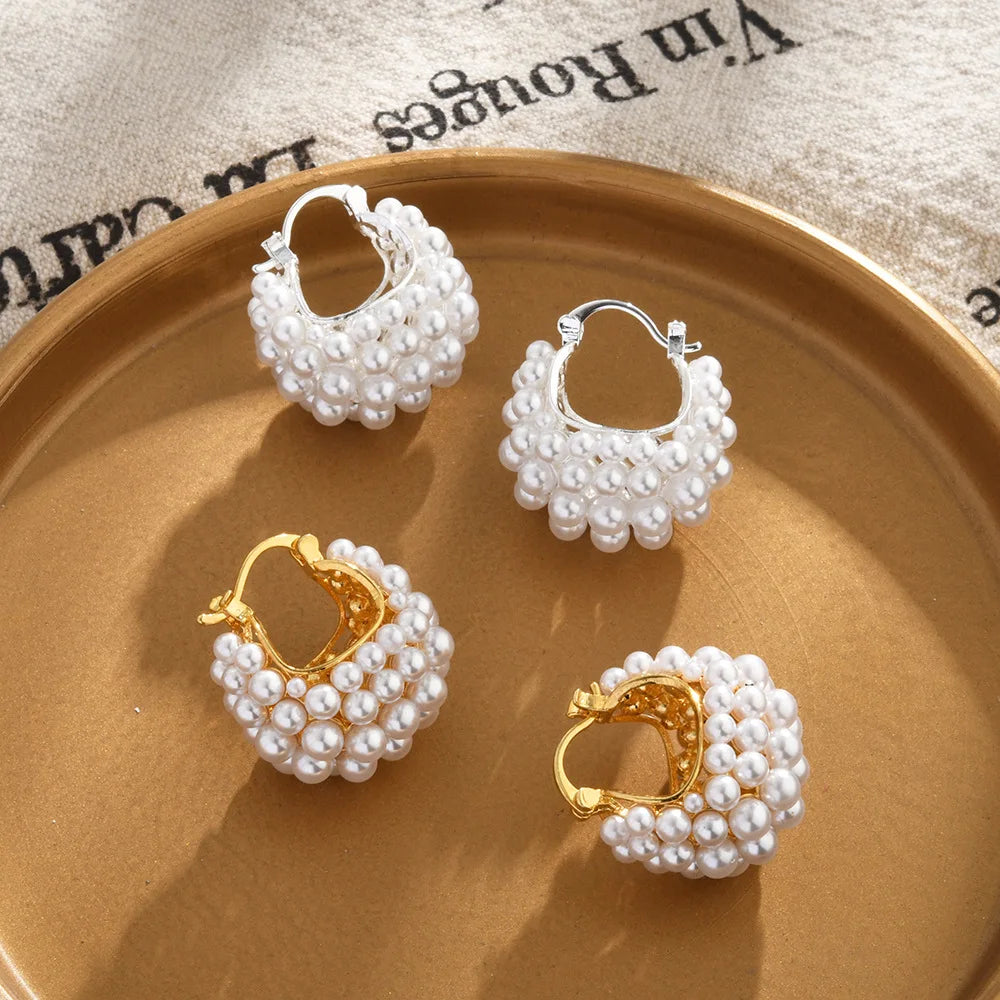 French-style Imitation Pearl Basket Ear Buckles Fashionable Elegant Cluster Beaded Statement Earrings Jewelry Accessories Bulk