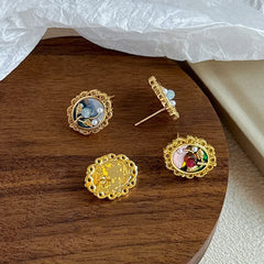 Women S925 Silver 18k Gold-plated Natural Stone Hand-Painted Drip Glaze Stud Earring Elegant Fashion Jewelry for Female Daily