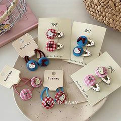 Children MultiColor Grid Cat Small Alligator Clips Hair Ties Fashion Sweet Wholesale in Stock Scrunchiy Hairpins Accessory Set