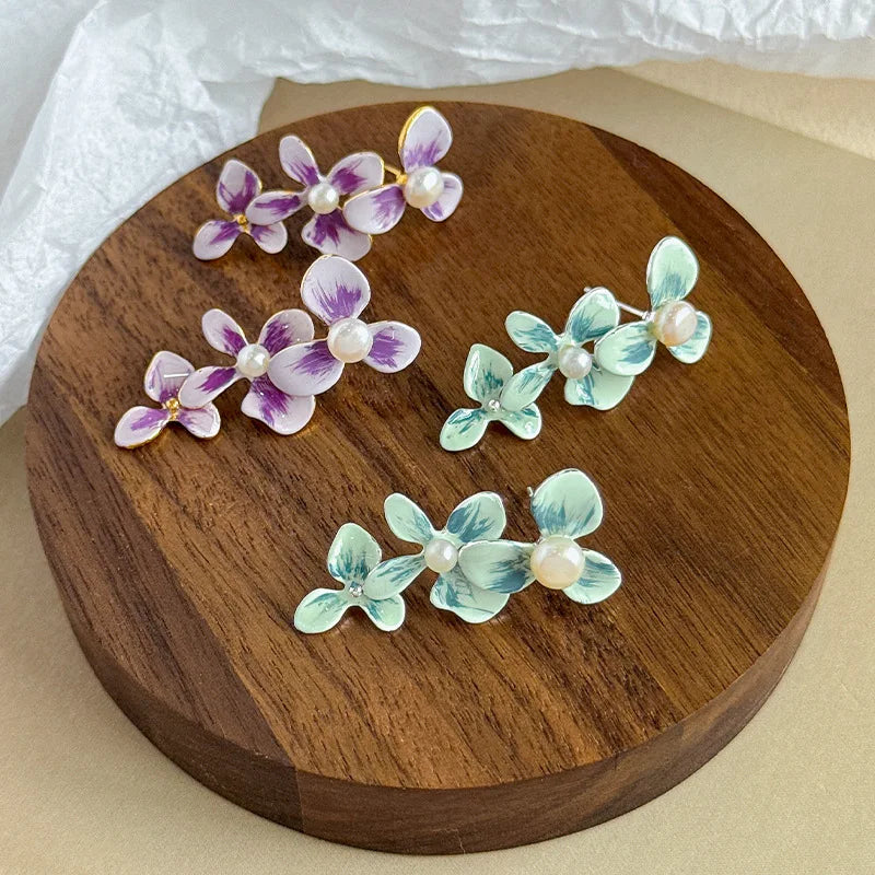 Girls Flower Freshwater Pearl S925 Silver 18k Gold-plated Green Purple Earring Factory Price Low MOQ Trendy Jewelry for Daily