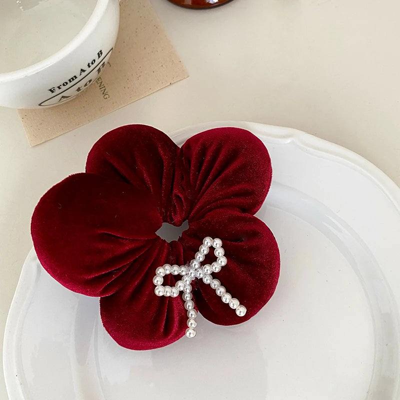 Sweet Fashion Cute Imitation Pearl Bowknot Velvet Hair Ties for Baby Girls Flower Scrunchies for Kids Children Hair Accessories