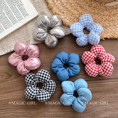 Sweet Cute Flower Shaped Plaid Scunchies for Girls Solid Color Stylish Fashion Hair Ties for Women Ladies Kids Hair Accessories