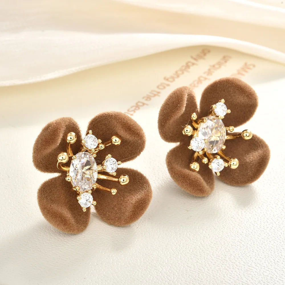 Retro Burgundy Flocked Flower Stud Earrings Ultra-Shiny Zircon-Inlaid Earrings Unique Design Elegant Ear Studs Autumn and Winter