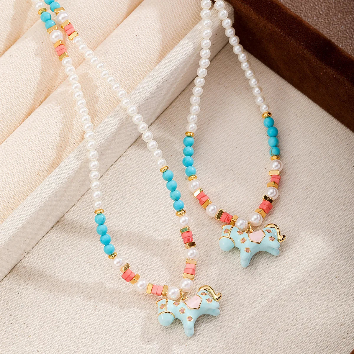 Women Blue Horse Imitation Pearl Natural Pearl 18k Gold-plated Drip Glaze Hand-Painted Necklace Fashion Cute in Stock Jewelry