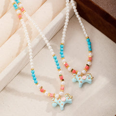 Women Blue Horse Imitation Pearl Natural Pearl 18k Gold-plated Drip Glaze Hand-Painted Necklace Fashion Cute in Stock Jewelry