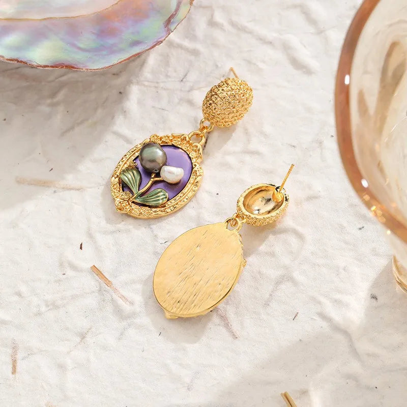 Women S925 Silver Freshwater Pearl 18k Gold-plated Drip Glaze Hand-Painted Graffiti Earring in Stock Jewelry for Female Party