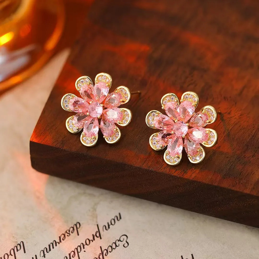 Women Small Flower Shape Rhinestone Pink Yellow Stud Earring Fashion Trendy Glitter Wholesale Bulk Order Jewelry Accessories
