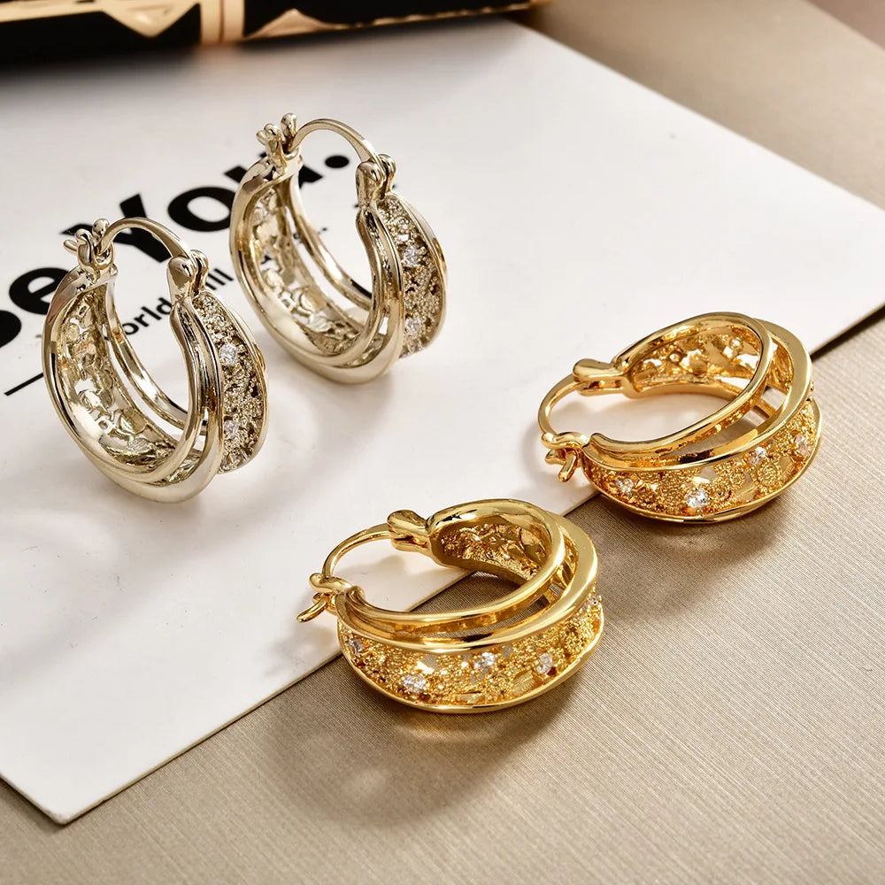 Trendy Coffee Gold Earrings Hollowed-out Circular Zircon Encrusted Ear Clips Fashionable Elegant Light Luxury Earrings Women