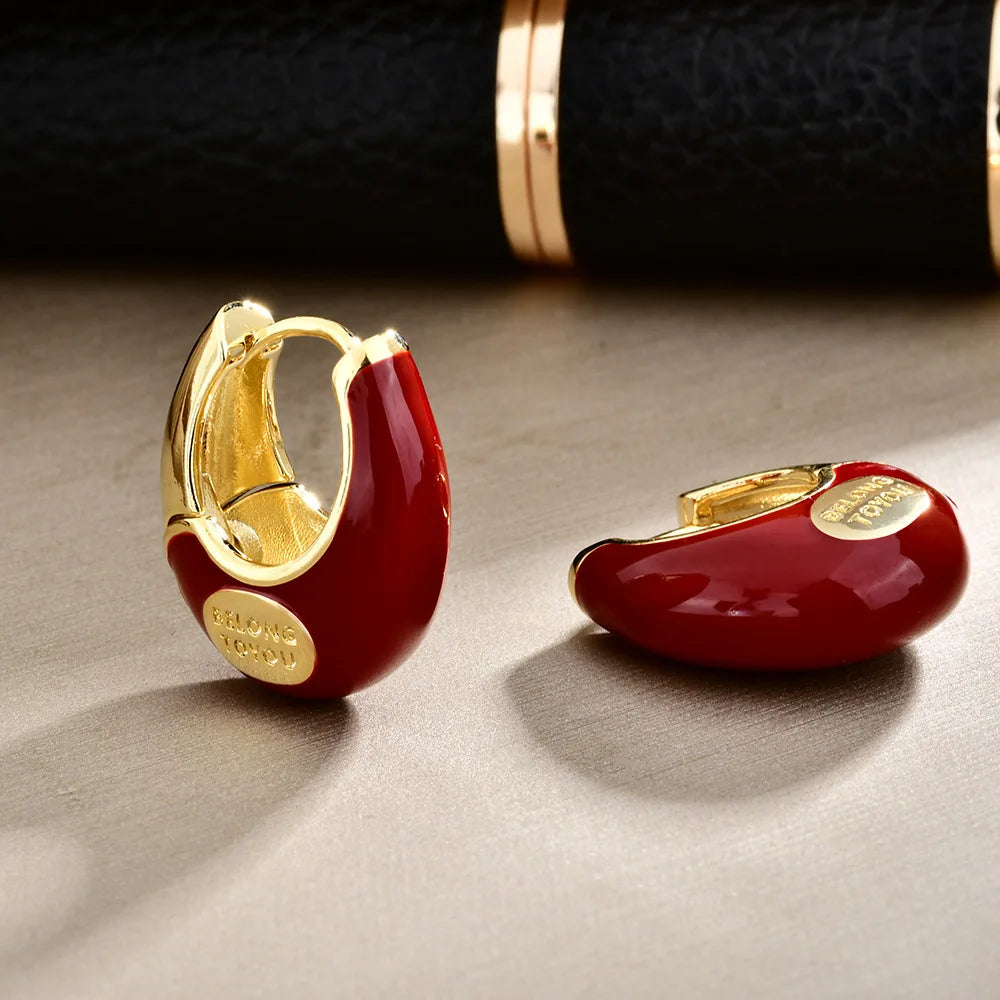 French Retro Women's Earrings Fashionable Red Enamel Oil Drip Elegant Ear Buckle Light Luxury High-end Hoop Earrings Accessories