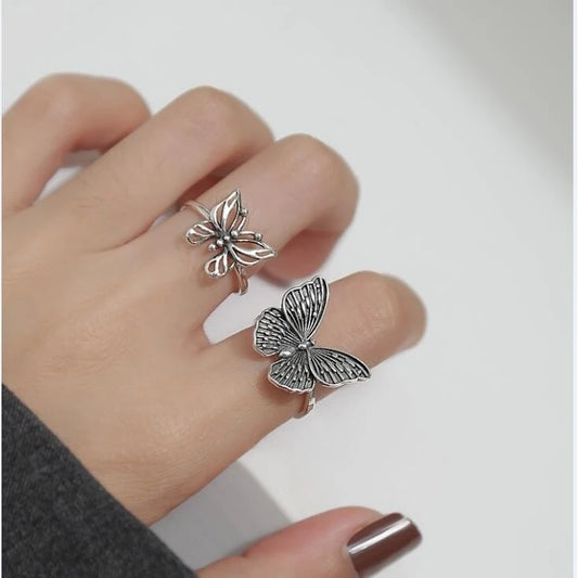 Vintage Silver Butterfly Open Rings Women Adjustable Boho Statement Insect Design Hollowed-out Rings Fashion Jewelry Gift Bulk