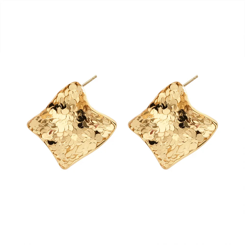 Fashion Copper Stud Earrings Pleated Metal Flashing Texture Earpins Round Square Irregular Earrings Wholesale European American