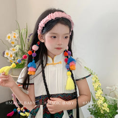 Girly Aesthetic Colorful Bobbles Ribbon Wide Headbands Elegant Sweet Stock Hairbands Accessories for Kids and Children