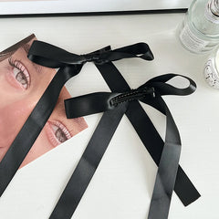 Hot Sale Black Solid Color Bowknot Long Ribbon Alligator Fashion Elegant Minimalistic Hair Claw Clips Accessory for Women Daily