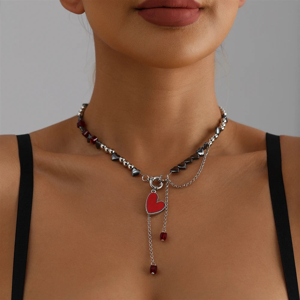 Fashion Red Heart Beads Link Jewelry for Girls Sweet Cute Cool Art Deco Jewellry for Women Ladies Teenger Accessories Wholesale