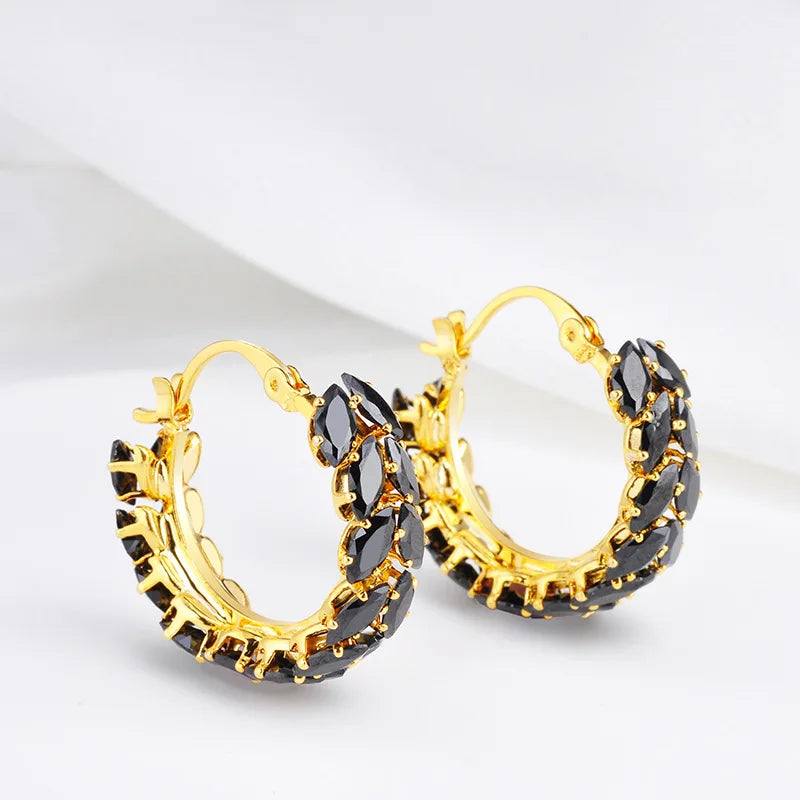 Elegant Gold Plated Black Marquise Cubic Zirconia Hoop Earrings for Women Sparkling Crystal Huggie Jewelry Party Wedding Bulk