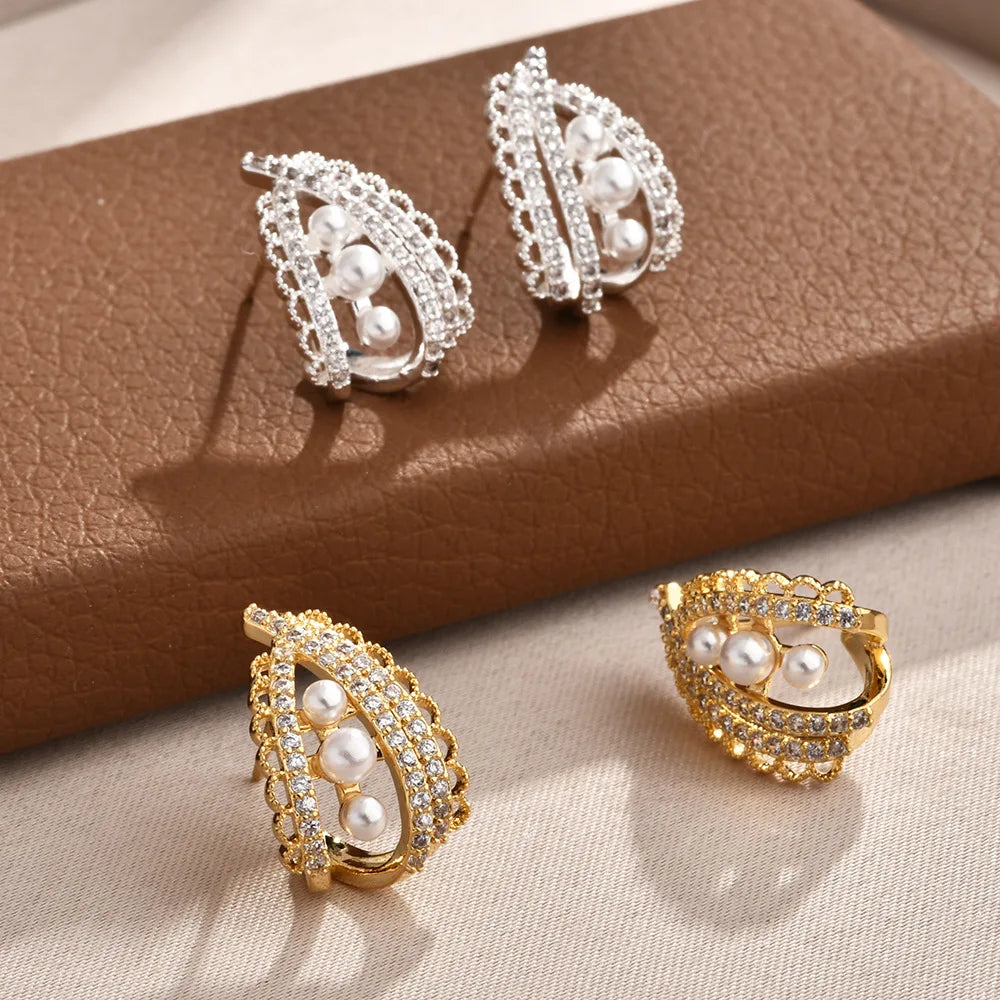 Exquisite Zirconium Lace Imitation Pearl Stud Earrings Women's Light Luxury High-end Elegant Sweet Earrings Jewelry 2026 New